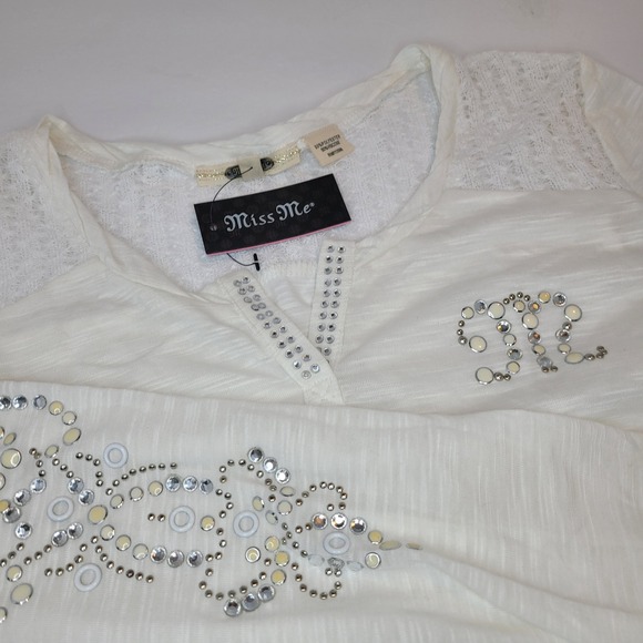 Miss Me Tops - Miss Me Long Sleeve Top Womens Medium White NWT Rhinestone Studded Lace Yoke